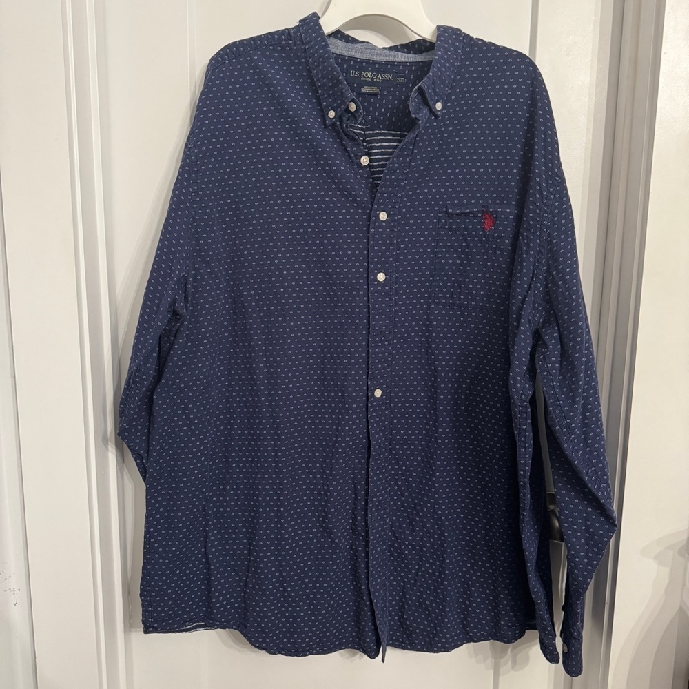US Polo Assn Shirt Men’s Size 2XLT Blue White Long Sleeve Button Up Red Logo